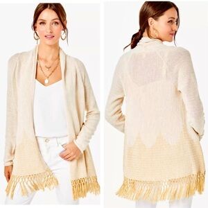 Lilly Pulitzer Gold Metallic TATUM CARDIGAN Wrap Sweater Fringe Cotton Costal S